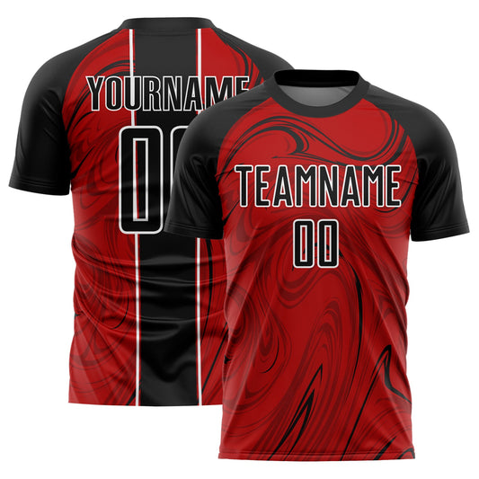 Custom Red Black-White Abstract Fluid Sublimation Soccer Uniform Jersey - Main View