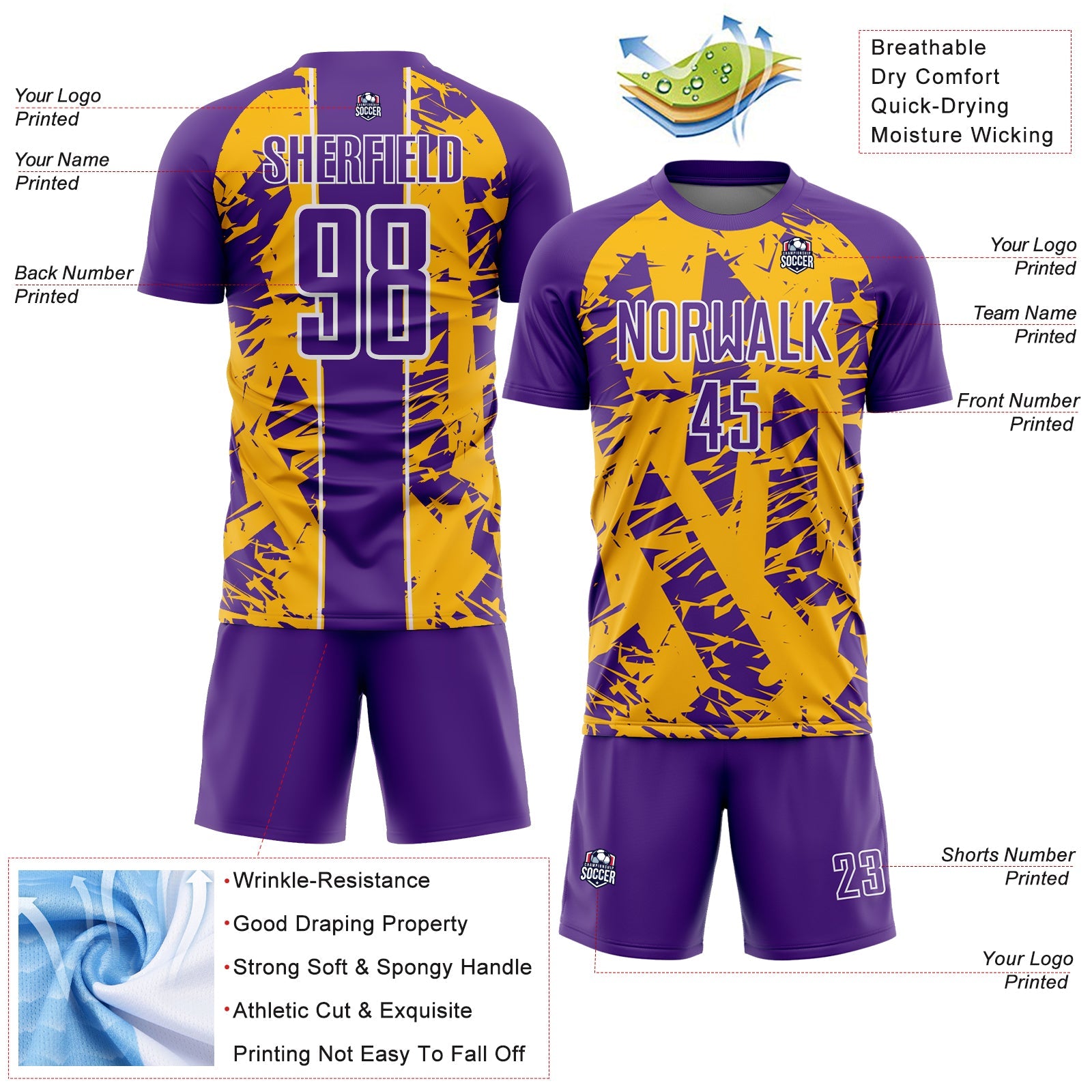 Custom Purple Gold-White Irregular Shapes Sublimation Soccer Uniform Jersey view 4