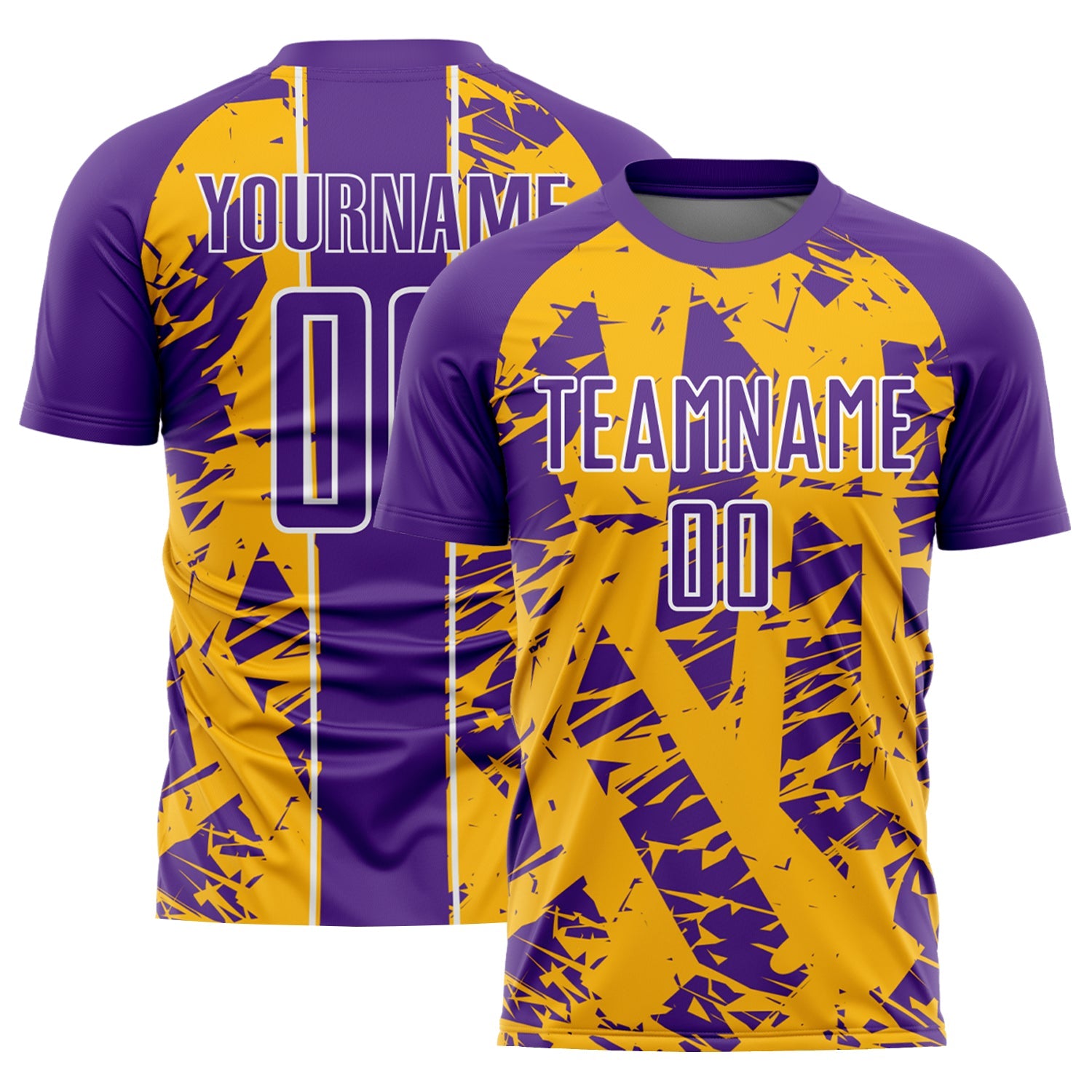 Custom Purple Gold-White Irregular Shapes Sublimation Soccer Uniform Jersey - Main View