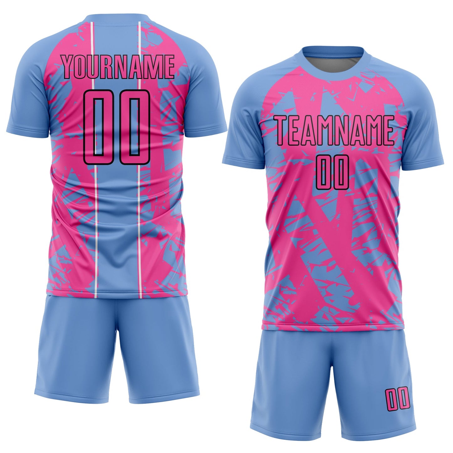 Custom Light Blue Pink-White Irregular Shapes Sublimation Soccer Uniform Jersey view 2