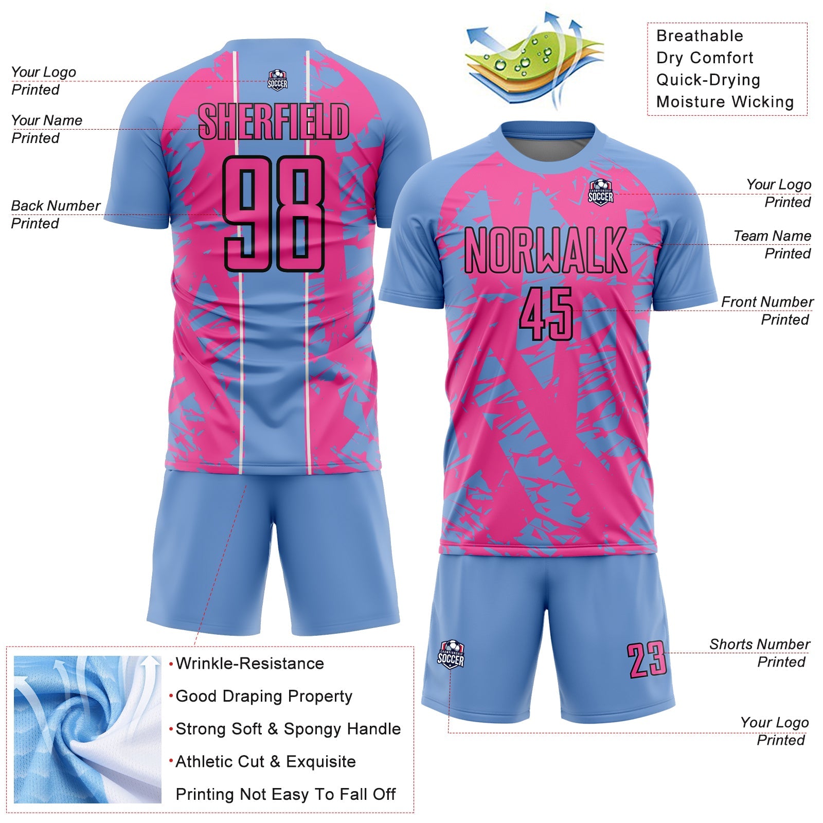 Custom Light Blue Pink-White Irregular Shapes Sublimation Soccer Uniform Jersey view 4