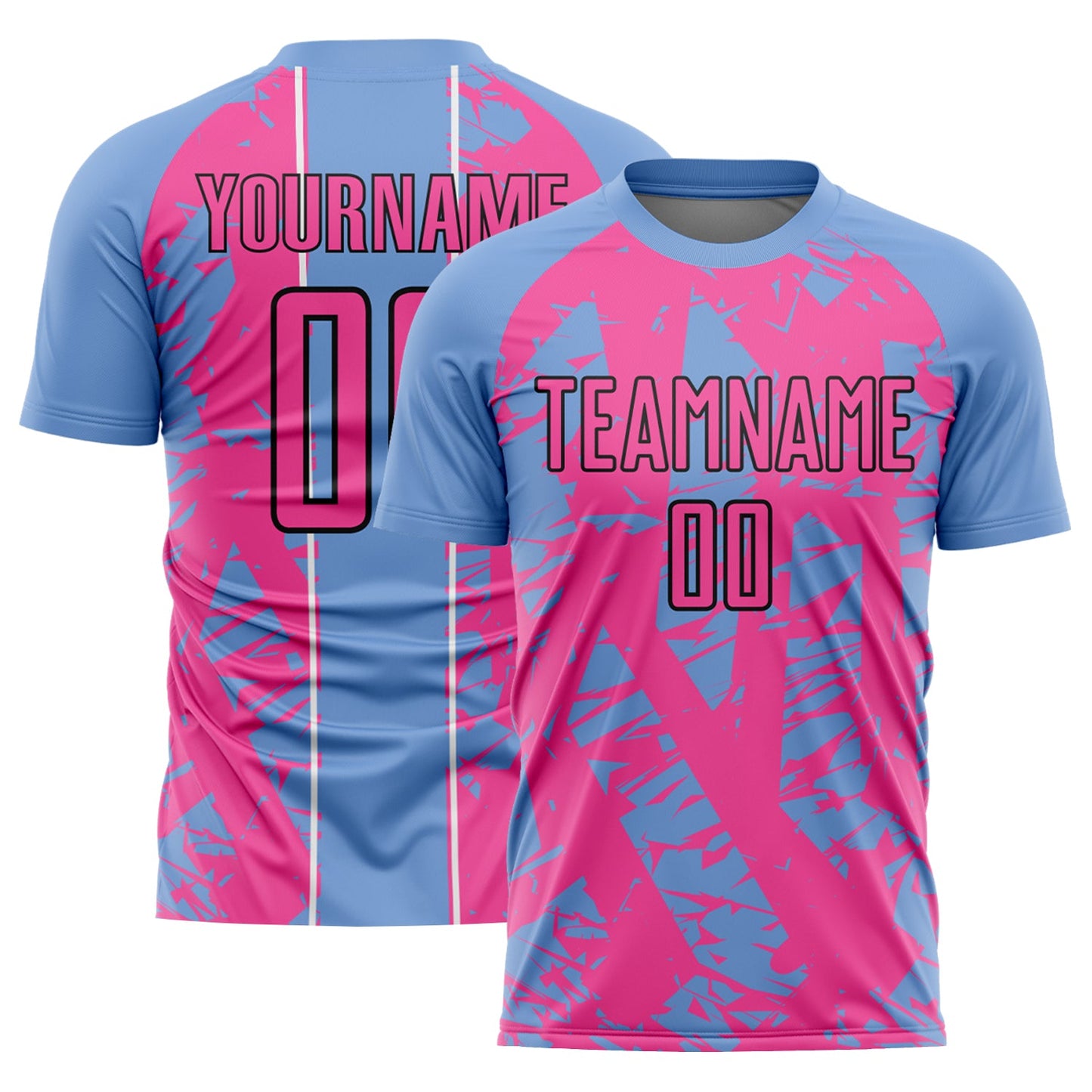 Custom Light Blue Pink-White Irregular Shapes Sublimation Soccer Uniform Jersey - Main View