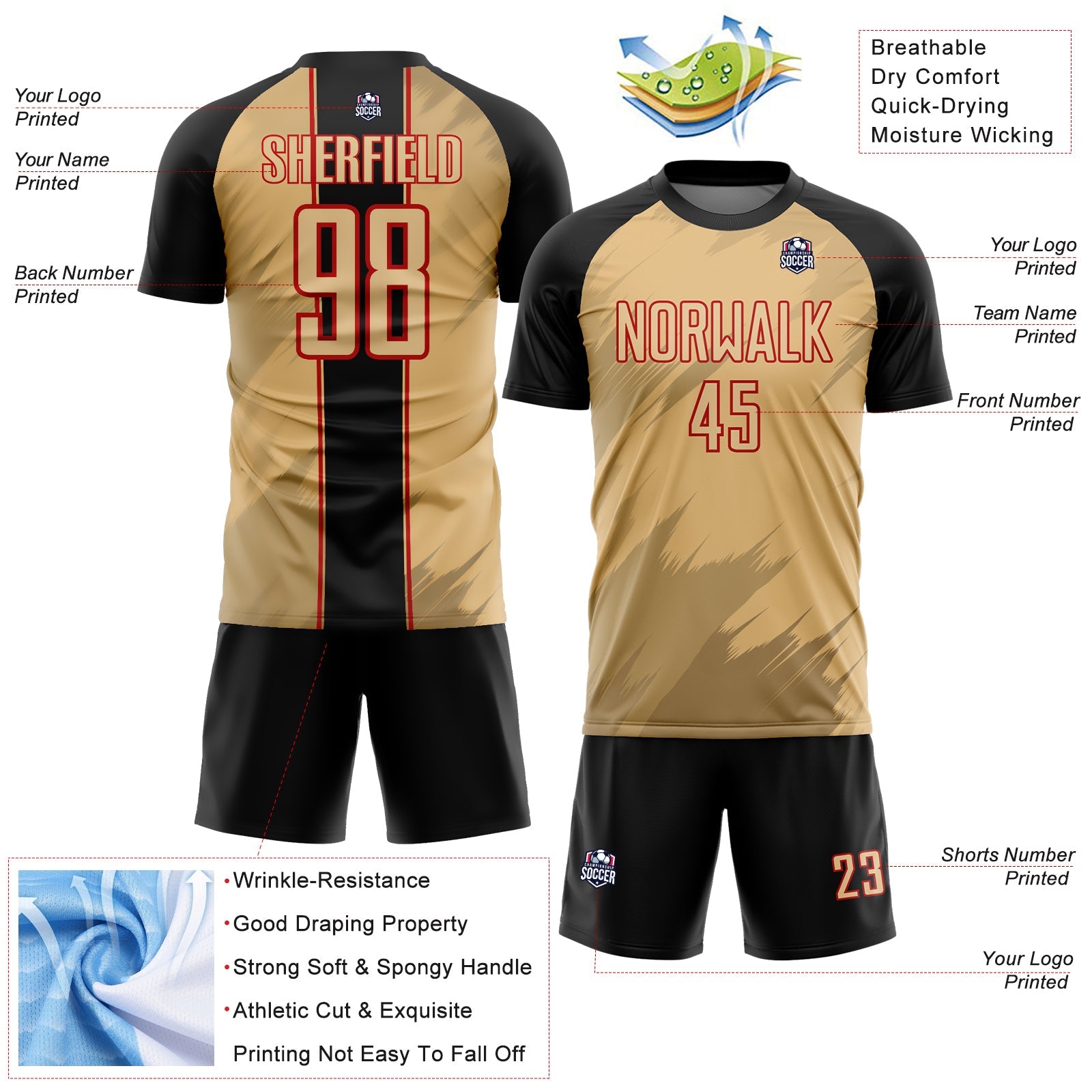 Custom Old Gold Black-Red Sharp Shapes Sublimation Soccer Uniform Jersey view 4