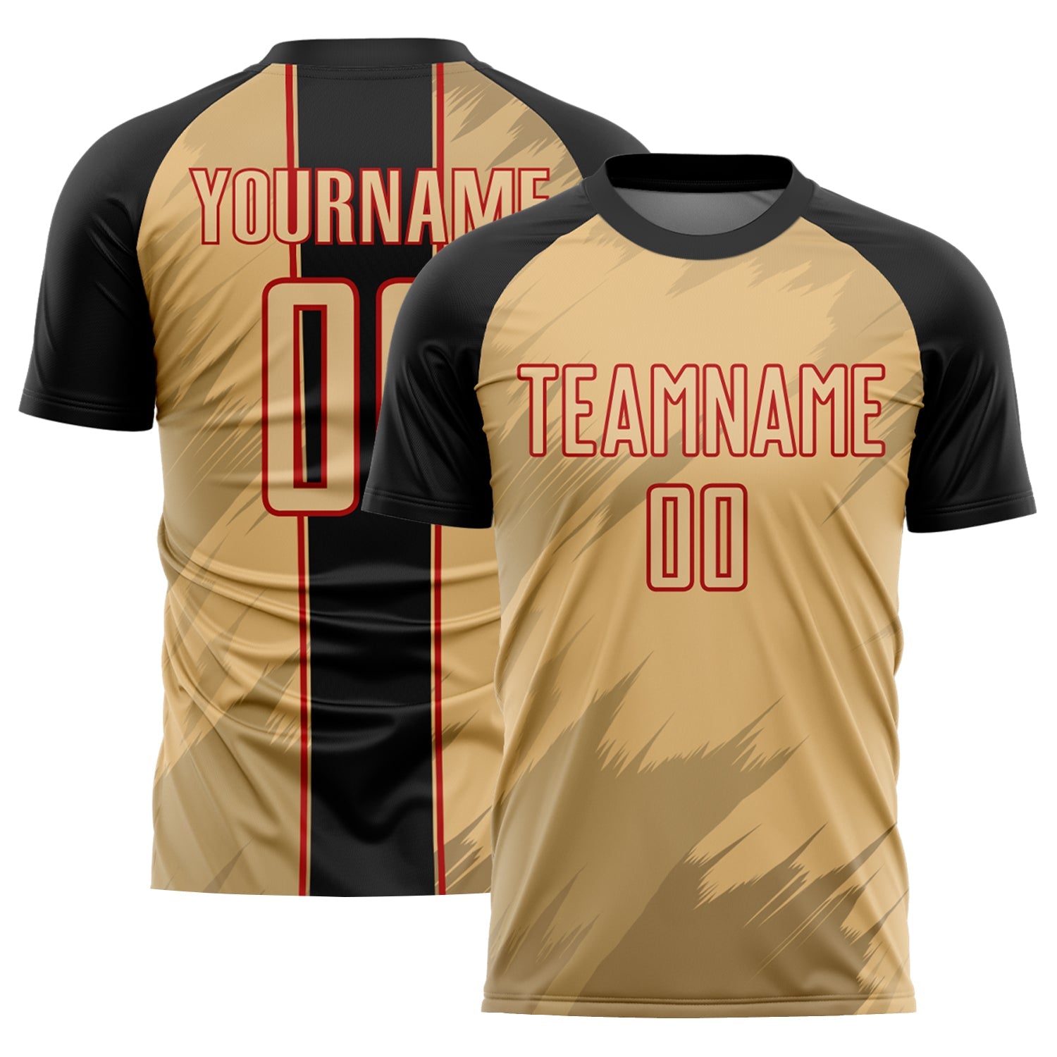 Custom Old Gold Black-Red Sharp Shapes Sublimation Soccer Uniform Jersey - Main View