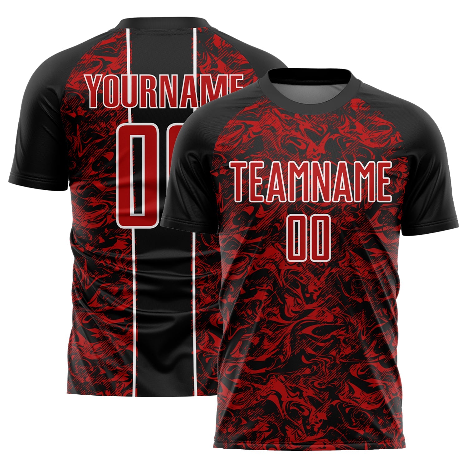 Custom Black Red-White Abstract Fluid Sublimation Soccer Uniform Jersey - Main View