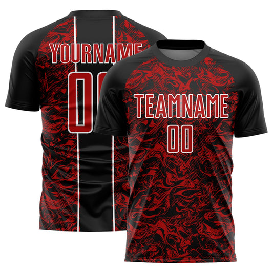 Custom Black Red-White Abstract Fluid Sublimation Soccer Uniform Jersey - Main View