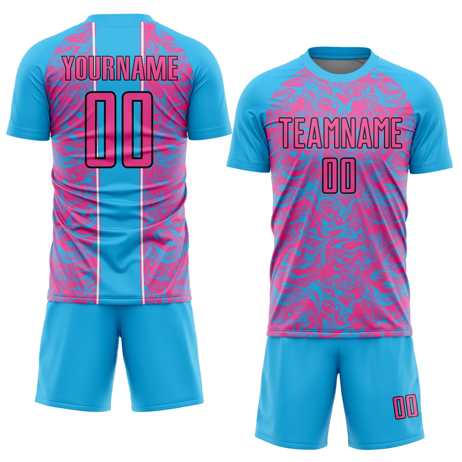 Custom Sky Blue Pink-Black Abstract Fluid Sublimation Soccer Uniform Jersey view 2