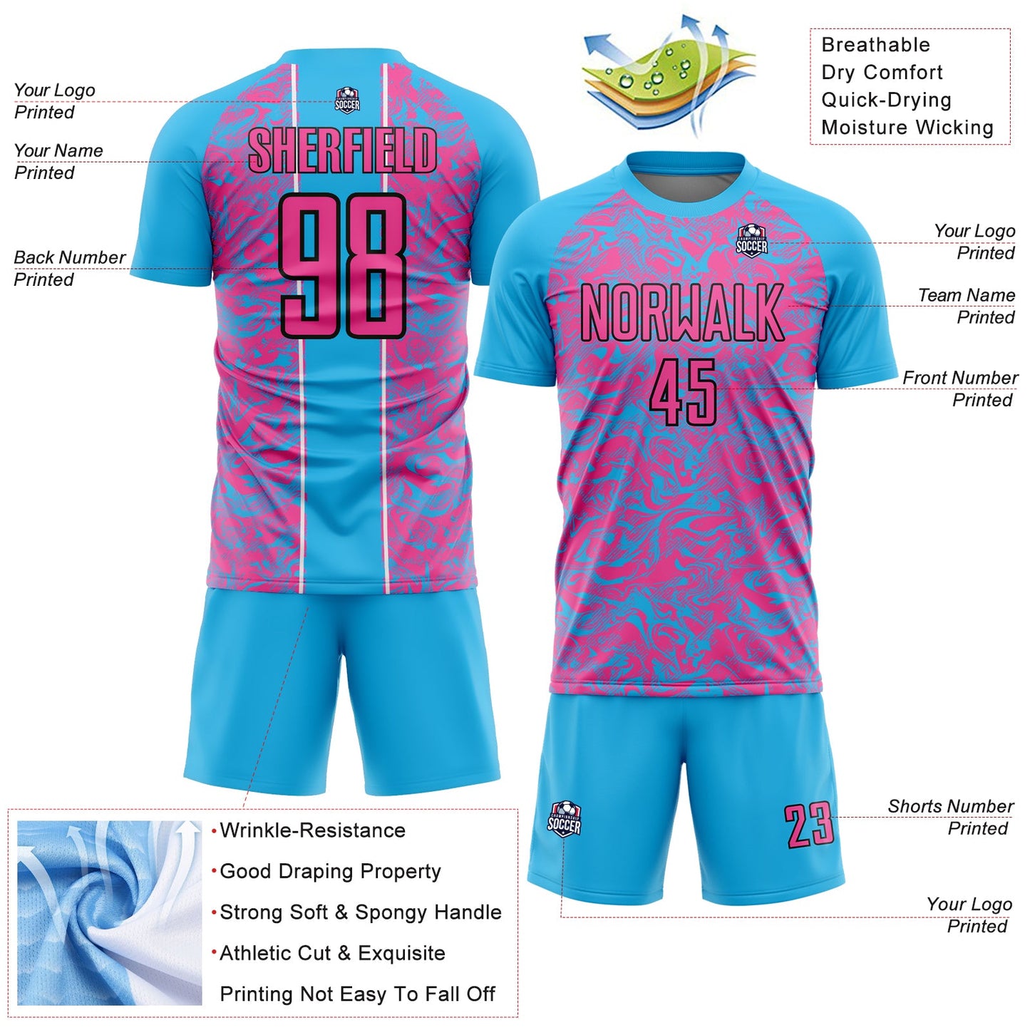 Custom Sky Blue Pink-Black Abstract Fluid Sublimation Soccer Uniform Jersey view 4