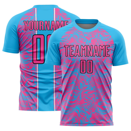 Custom Sky Blue Pink-Black Abstract Fluid Sublimation Soccer Uniform Jersey - Main View