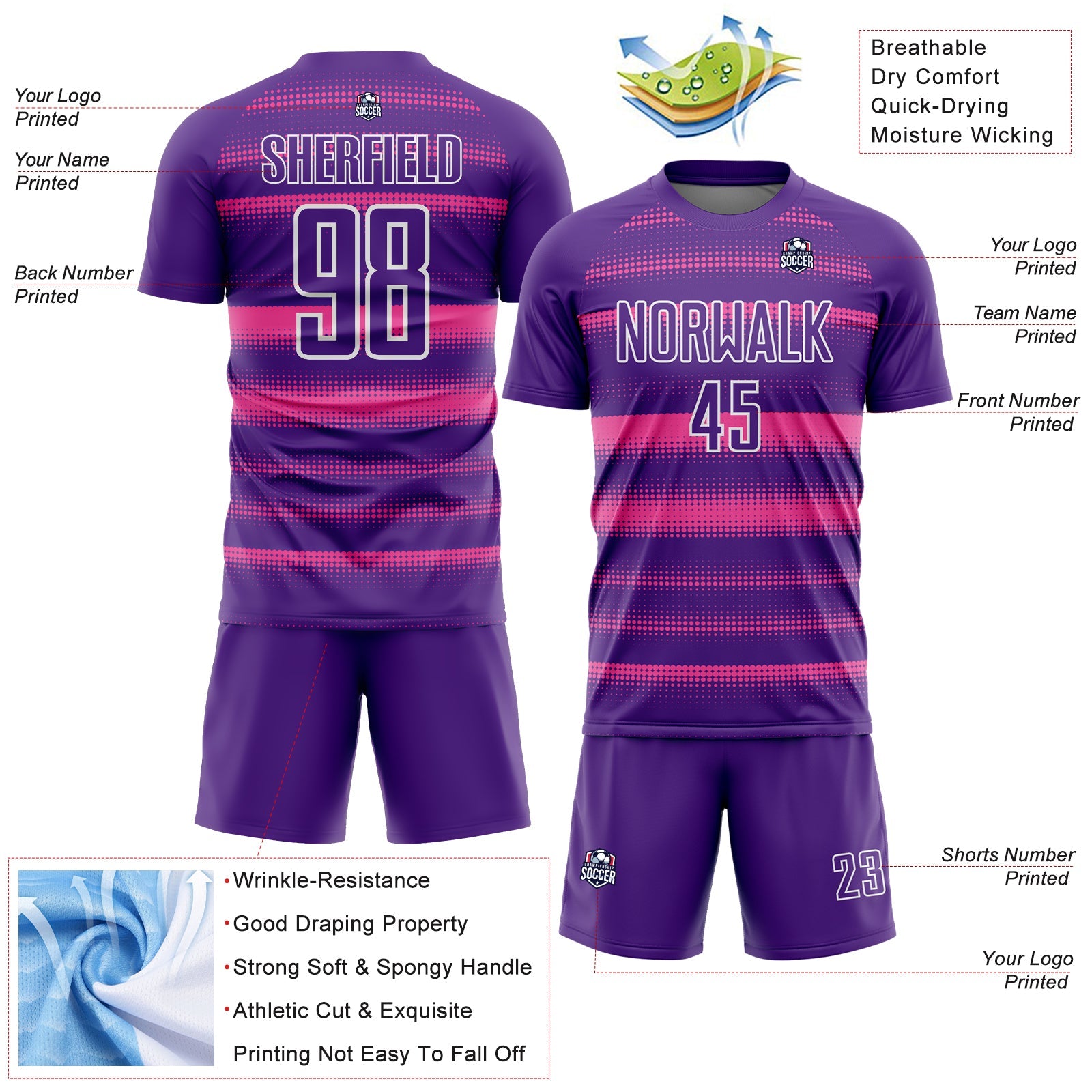 Custom Purple Pink-White Halftone Dots Sublimation Soccer Uniform Jersey view 4