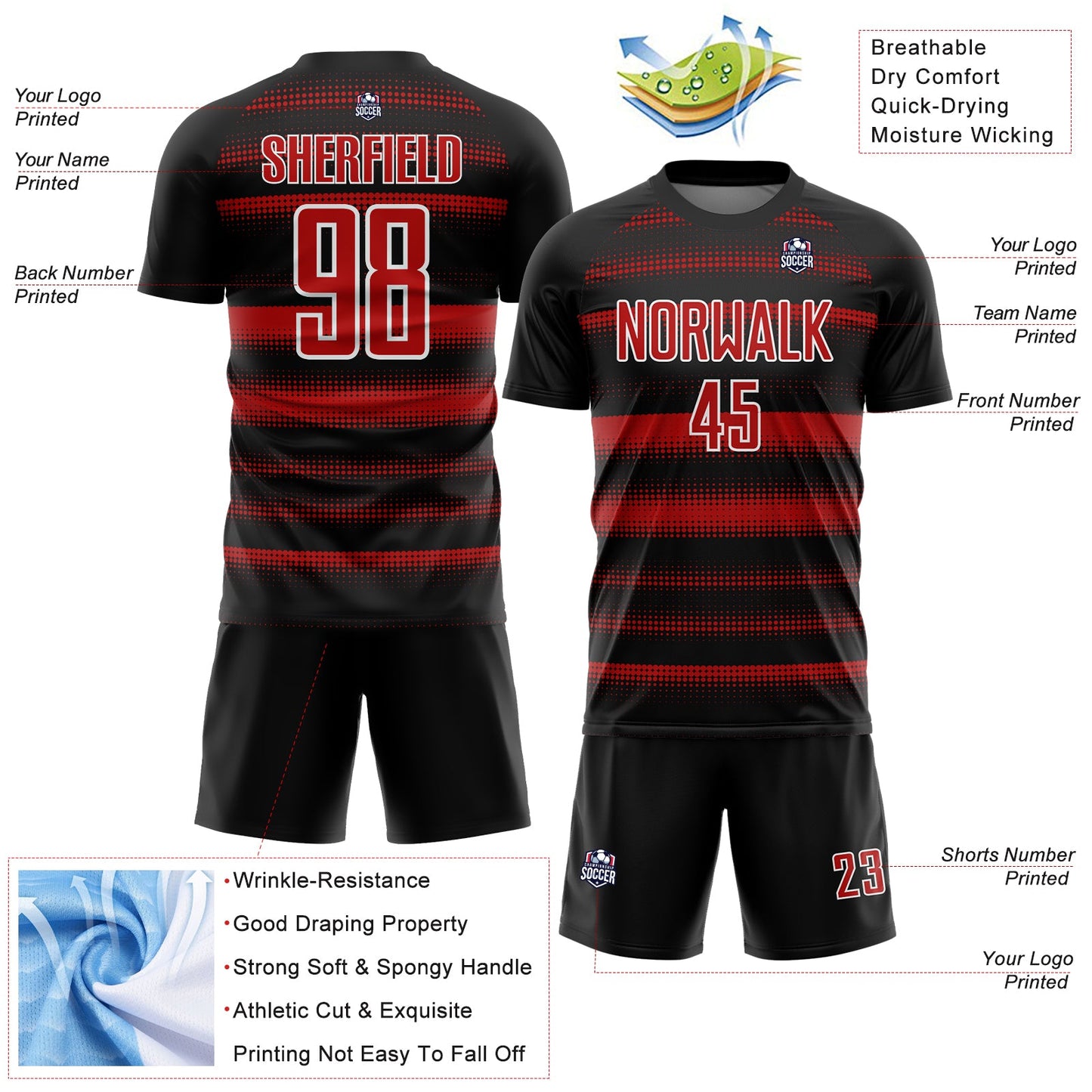 Custom Black Red-White Halftone Dots Sublimation Soccer Uniform Jersey view 4