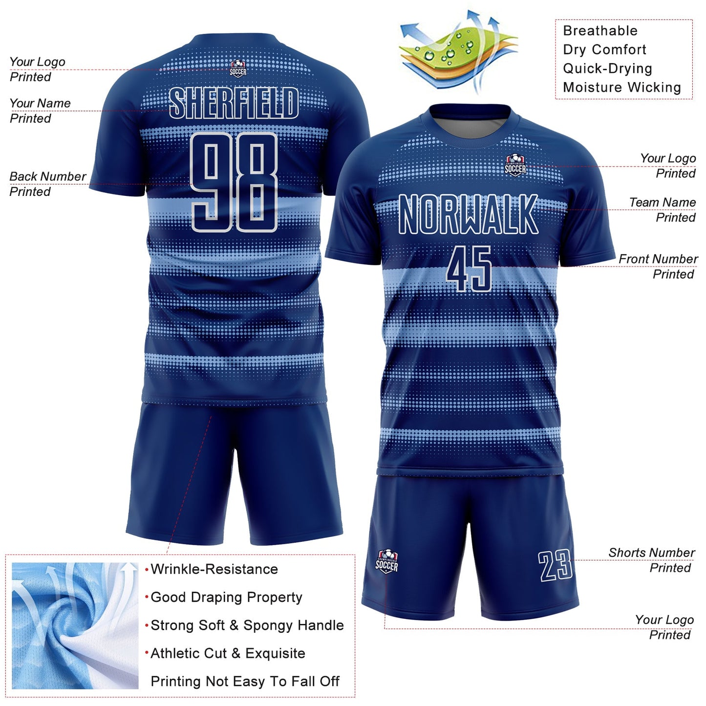 Custom Royal Light Blue-White Halftone Dots Sublimation Soccer Uniform Jersey view 4