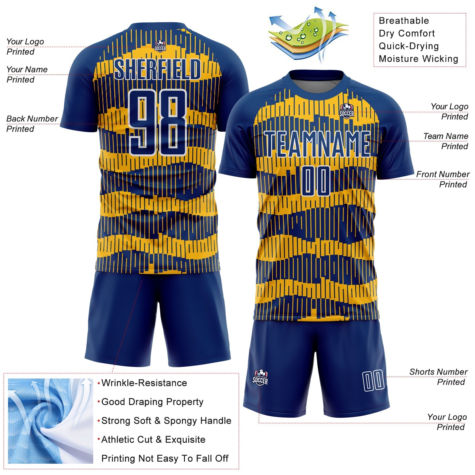 Custom Royal Gold-White Pinstripe Sublimation Soccer Uniform Jersey view 4