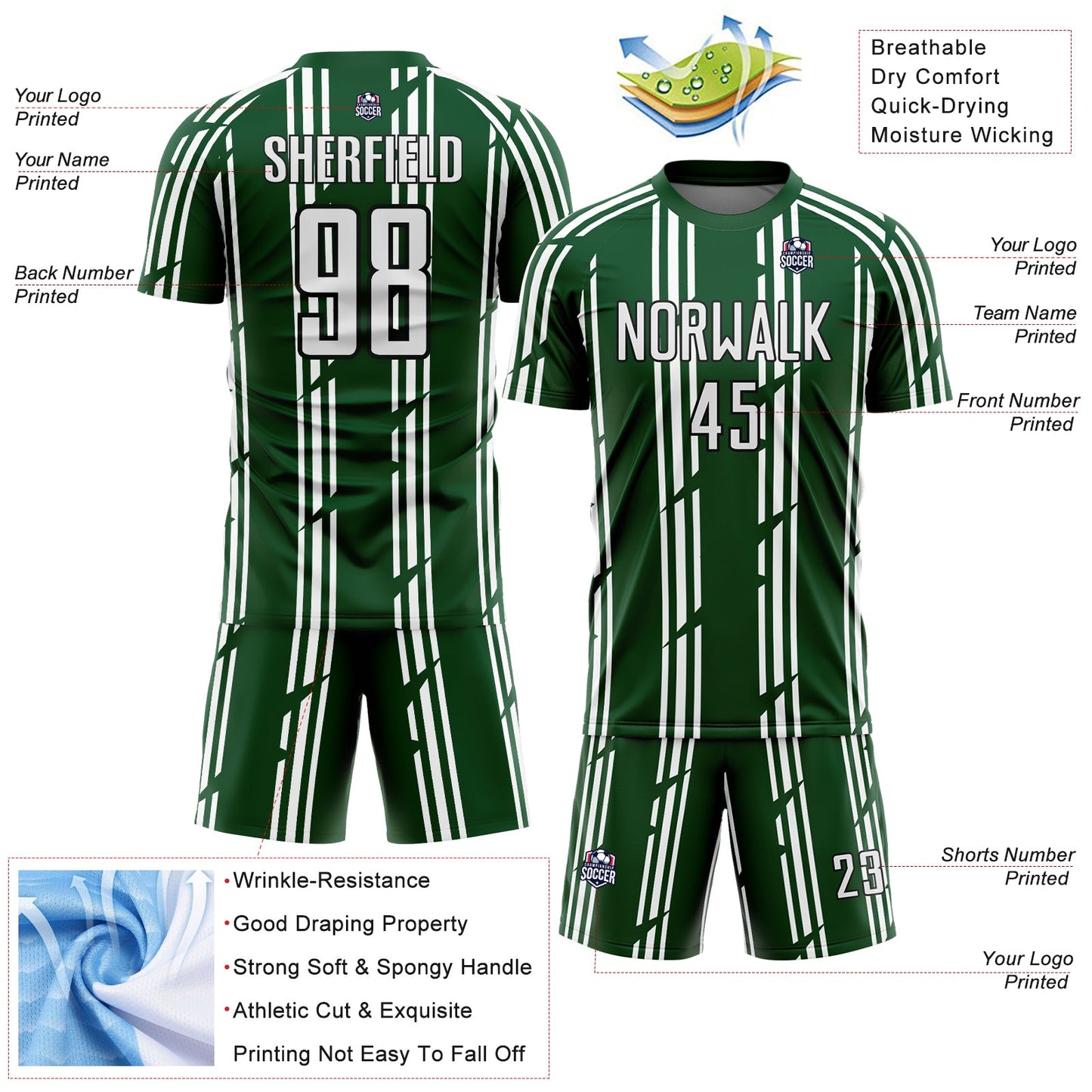 Custom Green White-Black Pinstripe Sublimation Soccer Uniform Jersey view 4