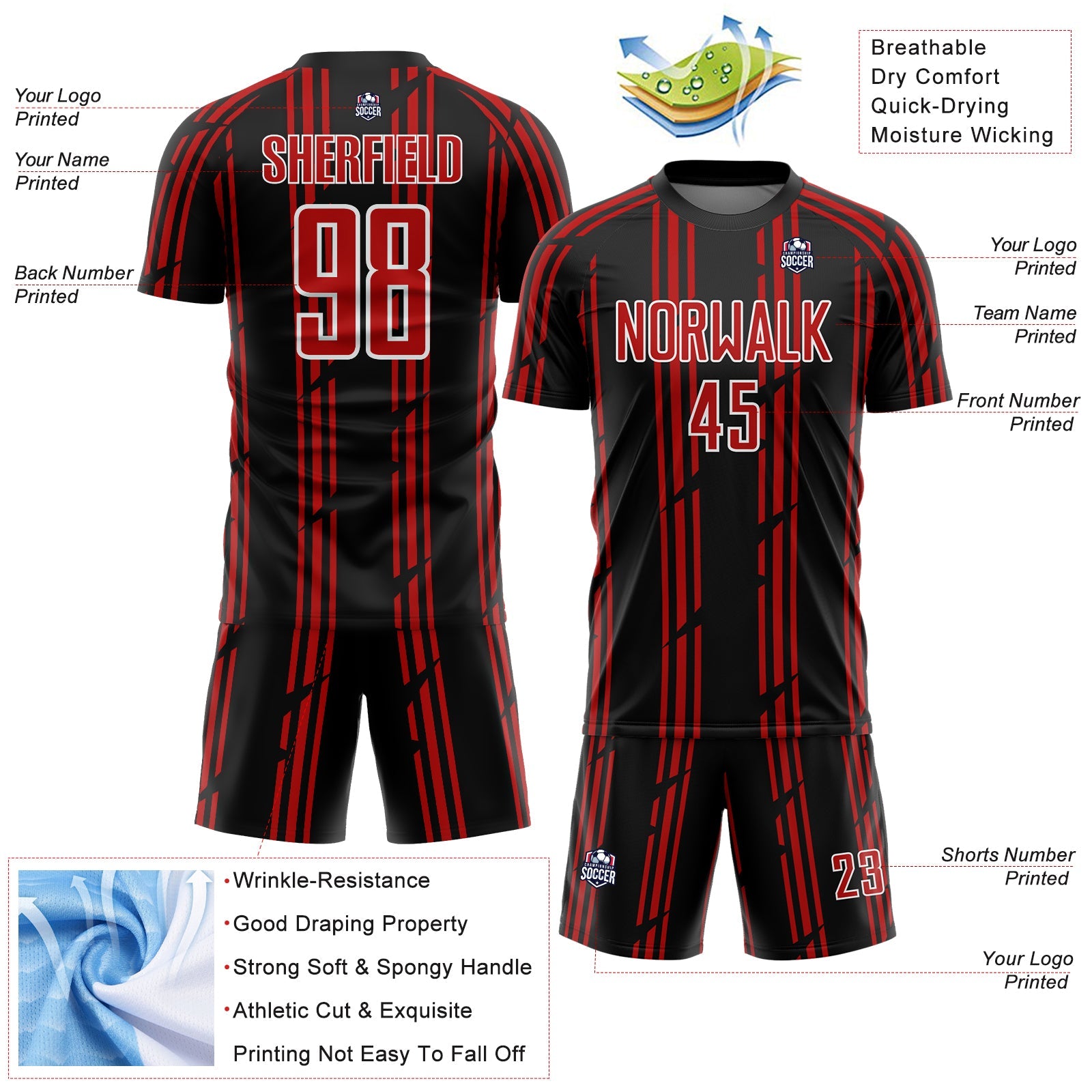 Custom Black Red-White Pinstripe Sublimation Soccer Uniform Jersey view 4