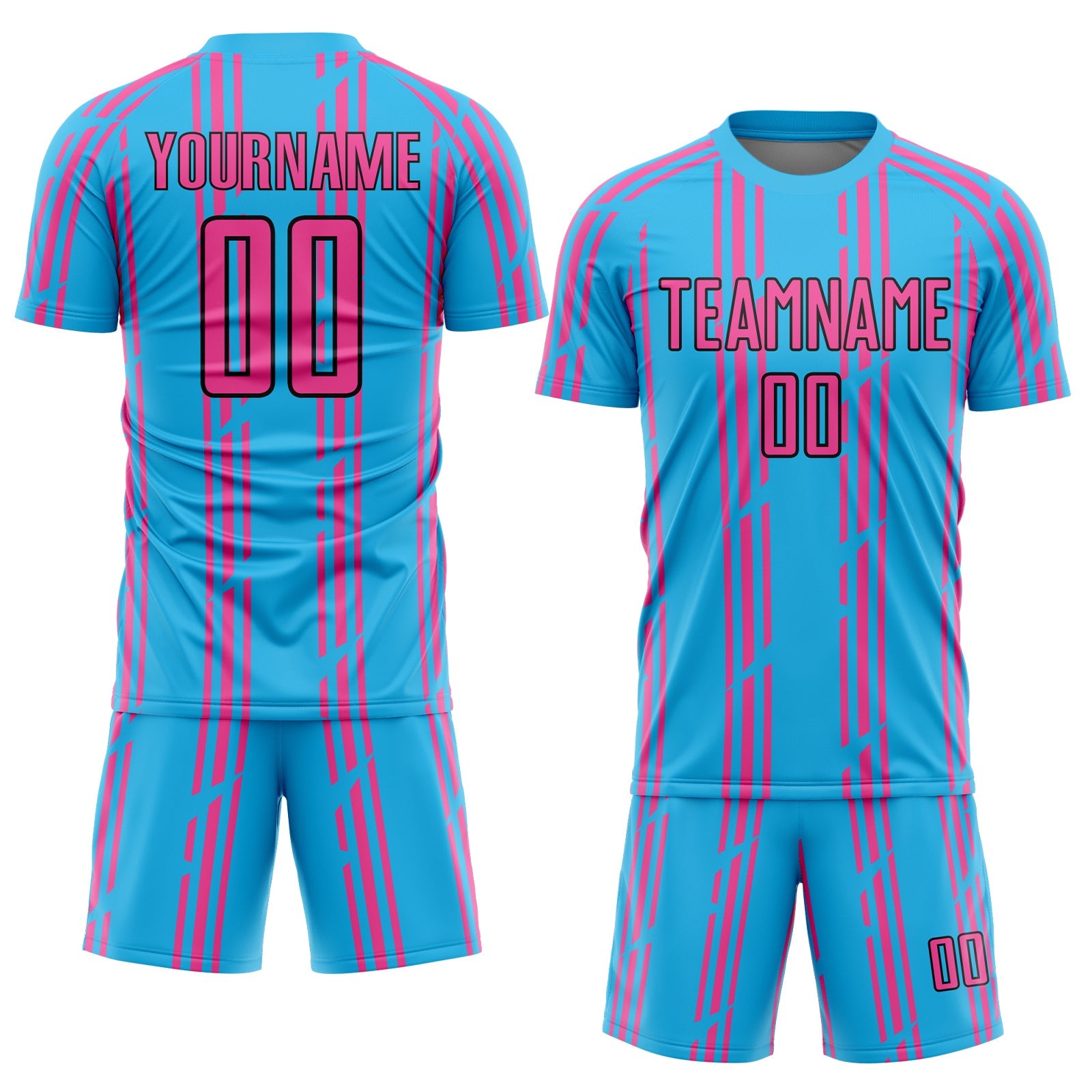 Custom Sky Blue Pink-Black Pinstripe Sublimation Soccer Uniform Jersey view 2