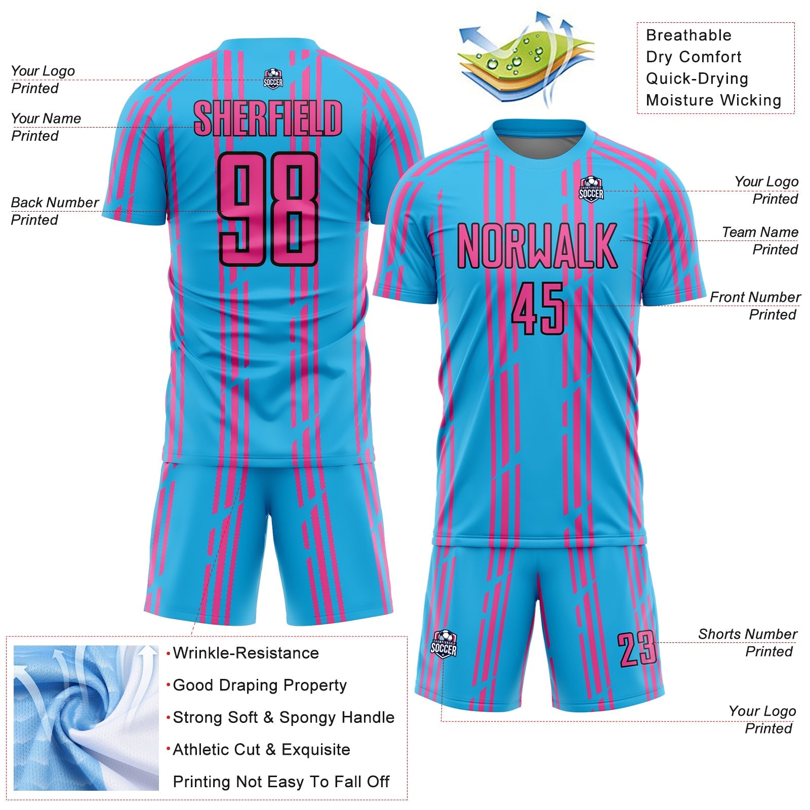 Custom Sky Blue Pink-Black Pinstripe Sublimation Soccer Uniform Jersey view 4