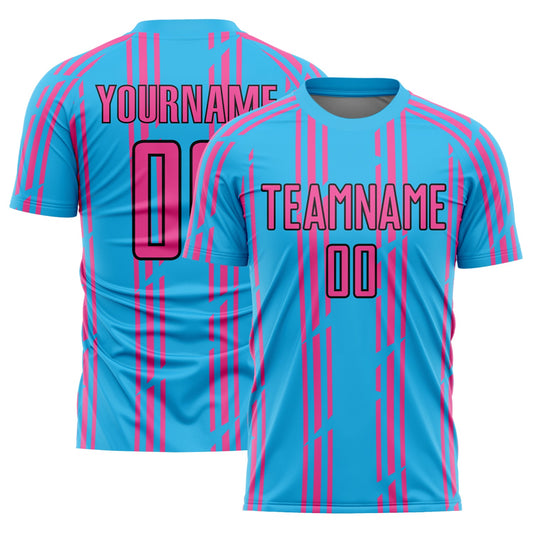 Custom Sky Blue Pink-Black Pinstripe Sublimation Soccer Uniform Jersey - Main View