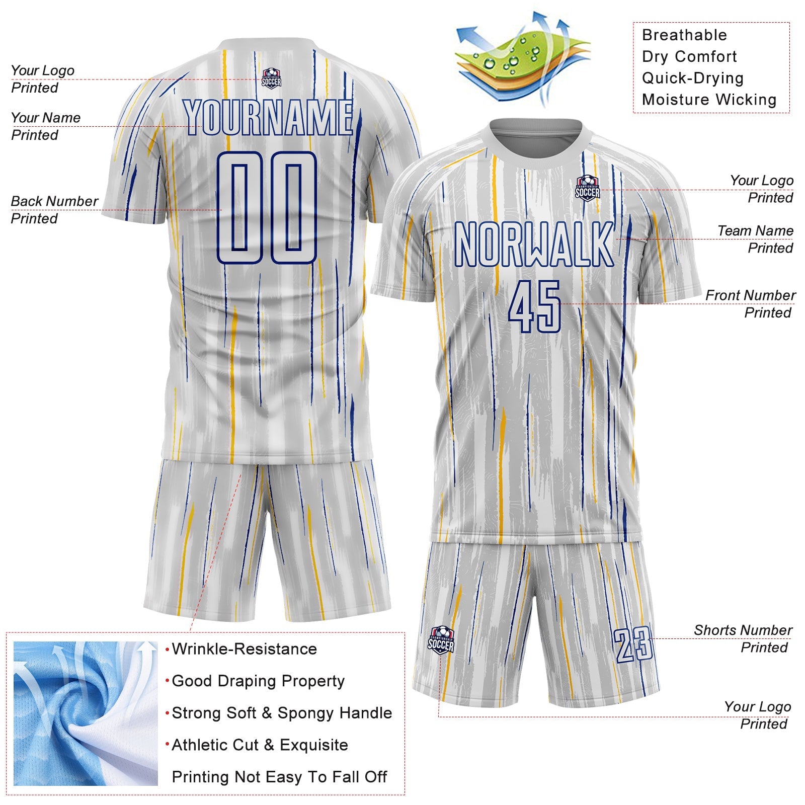 Custom Gray White-Royal Pinstripe Sublimation Soccer Uniform Jersey view 4