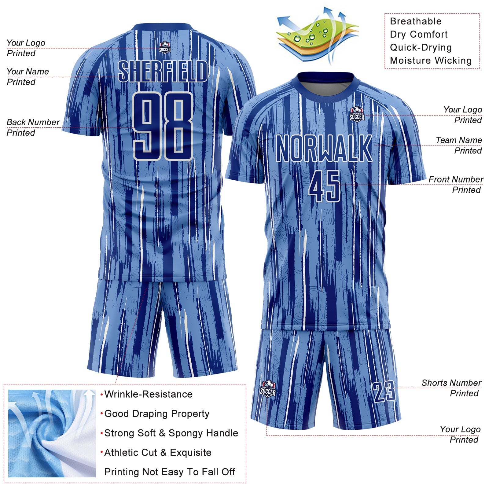 Custom Light Blue Royal-White Pinstripe Sublimation Soccer Uniform Jersey view 4