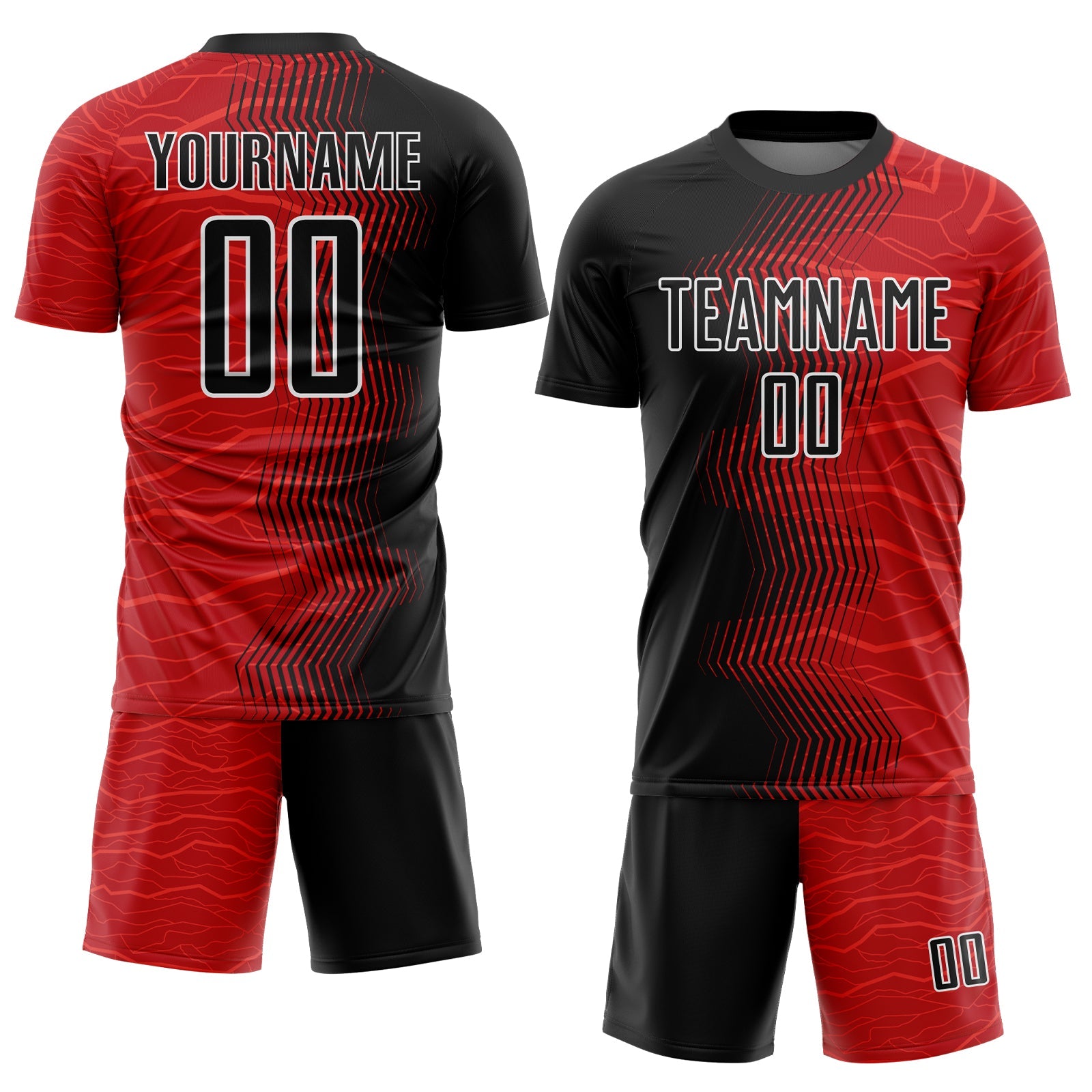 Custom Red Black-White Gradient Arrow Sublimation Soccer Uniform Jersey view 2