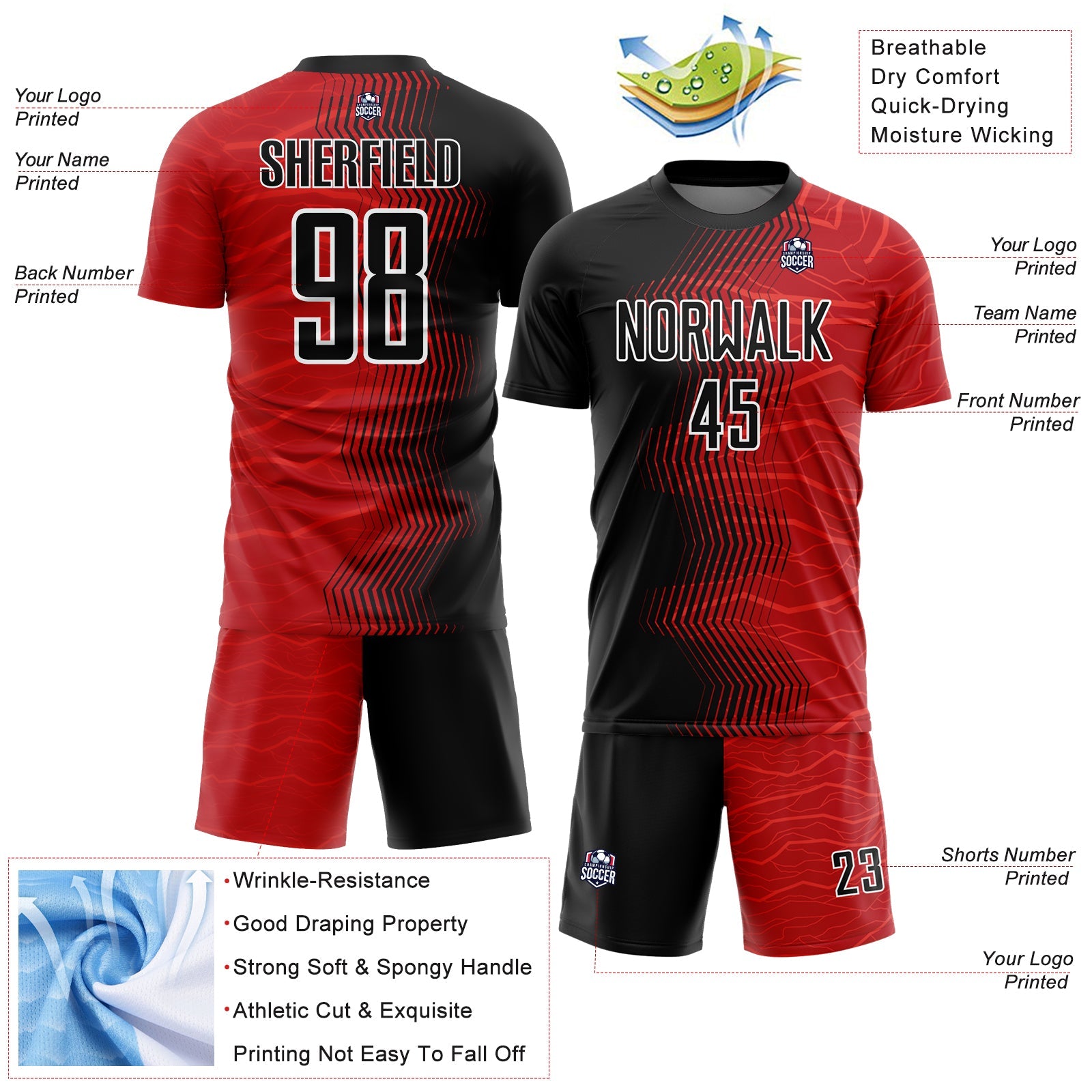 Custom Red Black-White Gradient Arrow Sublimation Soccer Uniform Jersey view 4
