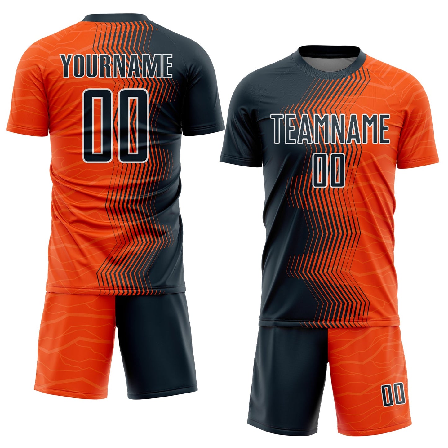 Custom Orange Navy-White Gradient Arrow Sublimation Soccer Uniform Jersey view 2