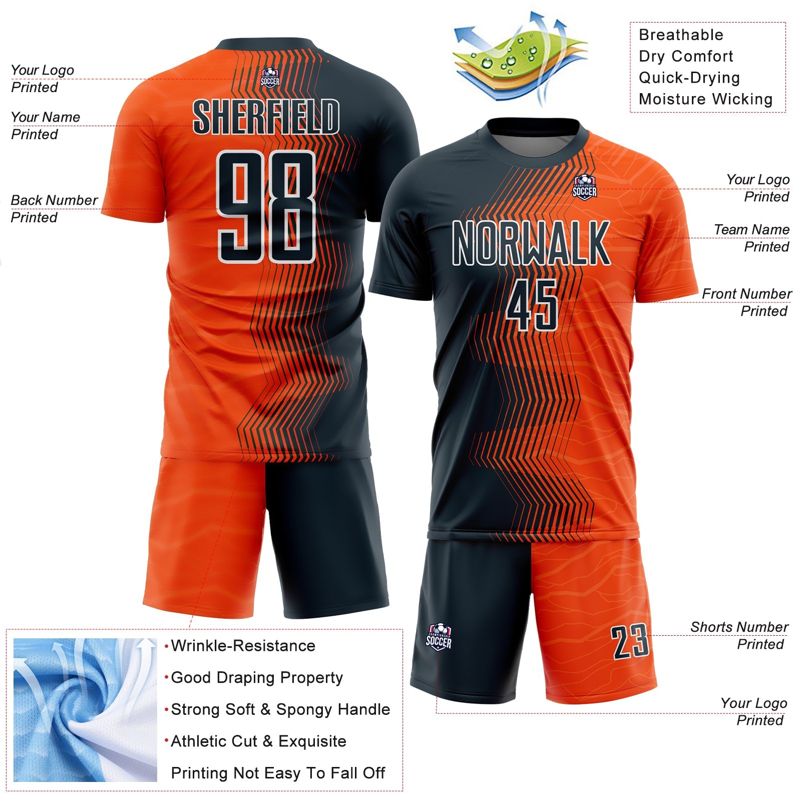 Custom Orange Navy-White Gradient Arrow Sublimation Soccer Uniform Jersey view 4