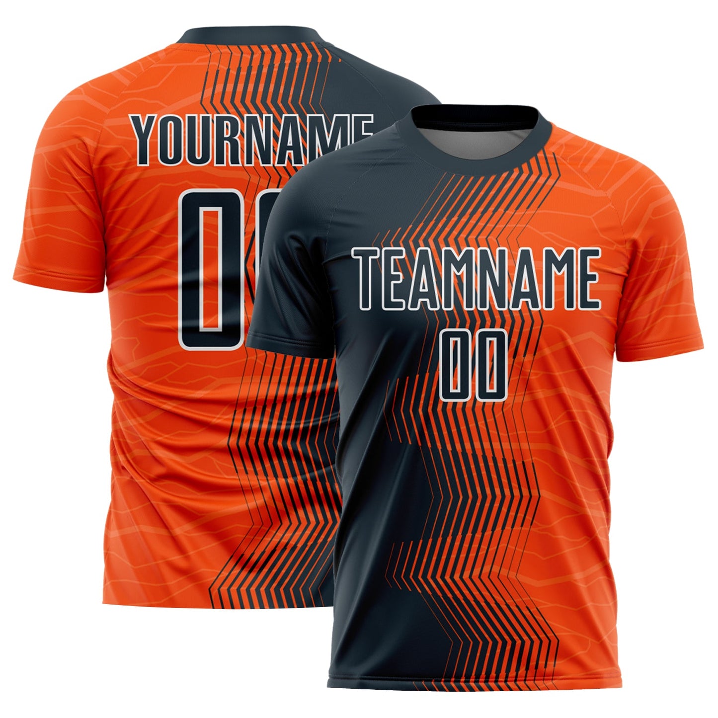 Custom Orange Navy-White Gradient Arrow Sublimation Soccer Uniform Jersey - Main View