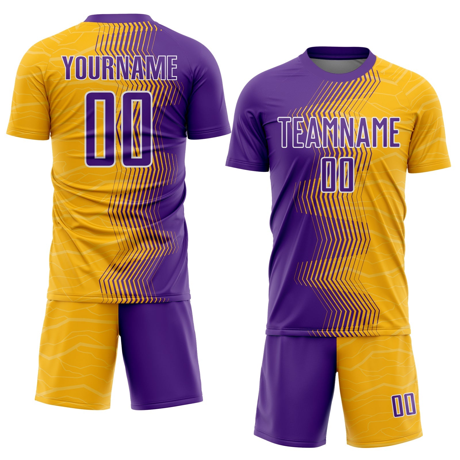 Custom Gold Purple-White Gradient Arrow Sublimation Soccer Uniform Jersey view 2