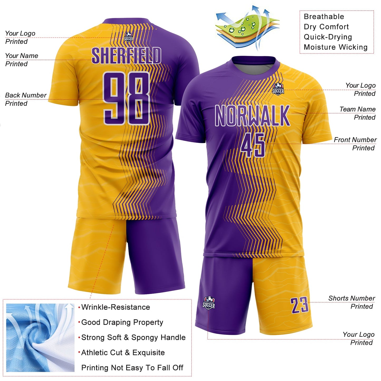 Custom Gold Purple-White Gradient Arrow Sublimation Soccer Uniform Jersey view 4