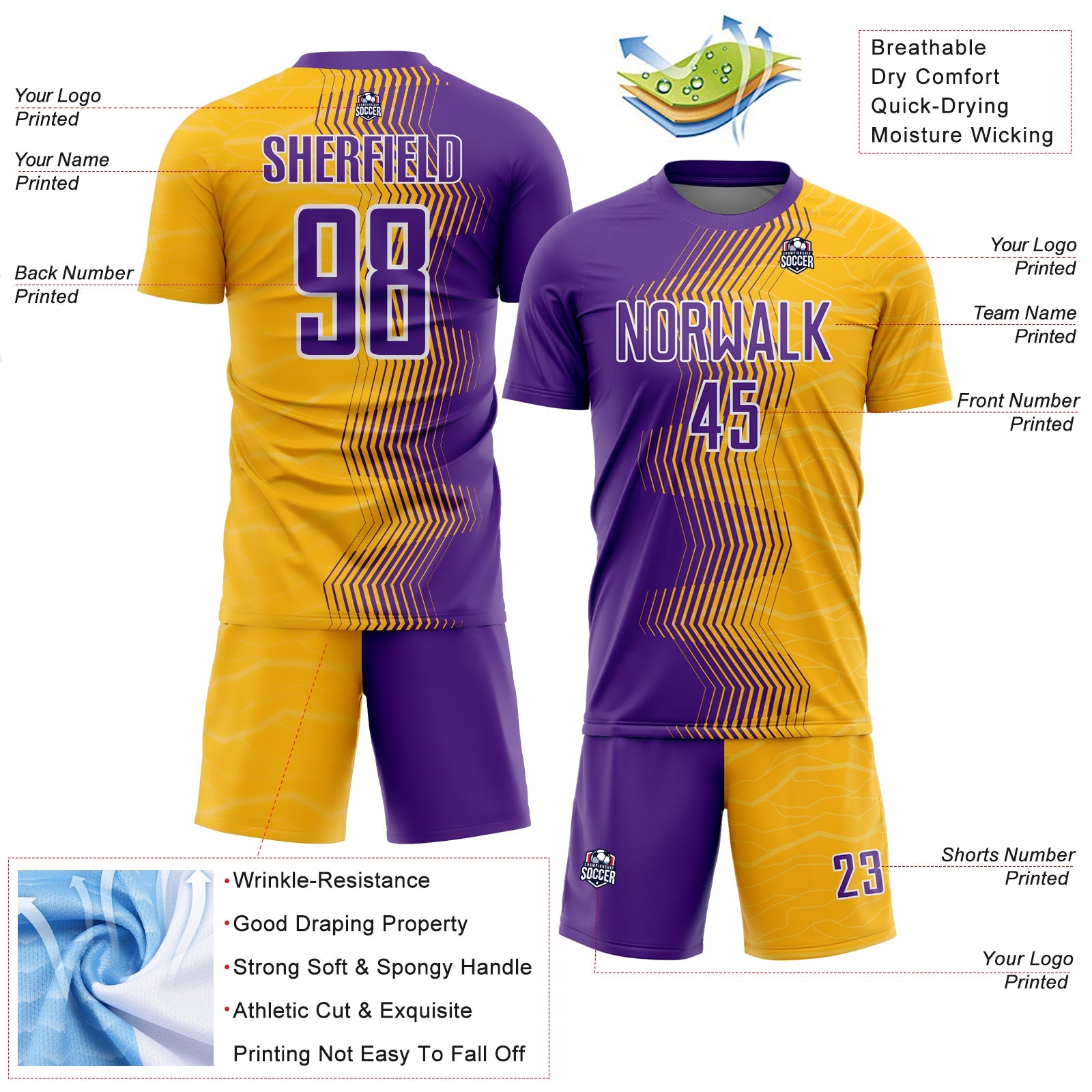Custom Gold Purple-White Gradient Arrow Sublimation Soccer Uniform Jersey view 4