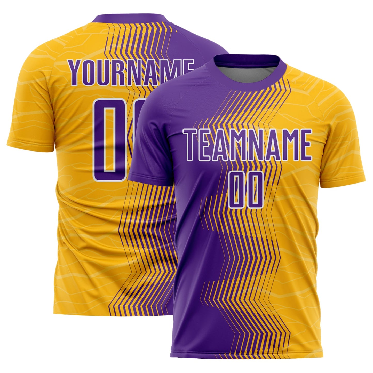 Custom Gold Purple-White Gradient Arrow Sublimation Soccer Uniform Jersey - Main View