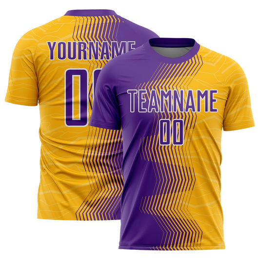 Custom Gold Purple-White Gradient Arrow Sublimation Soccer Uniform Jersey - Main View