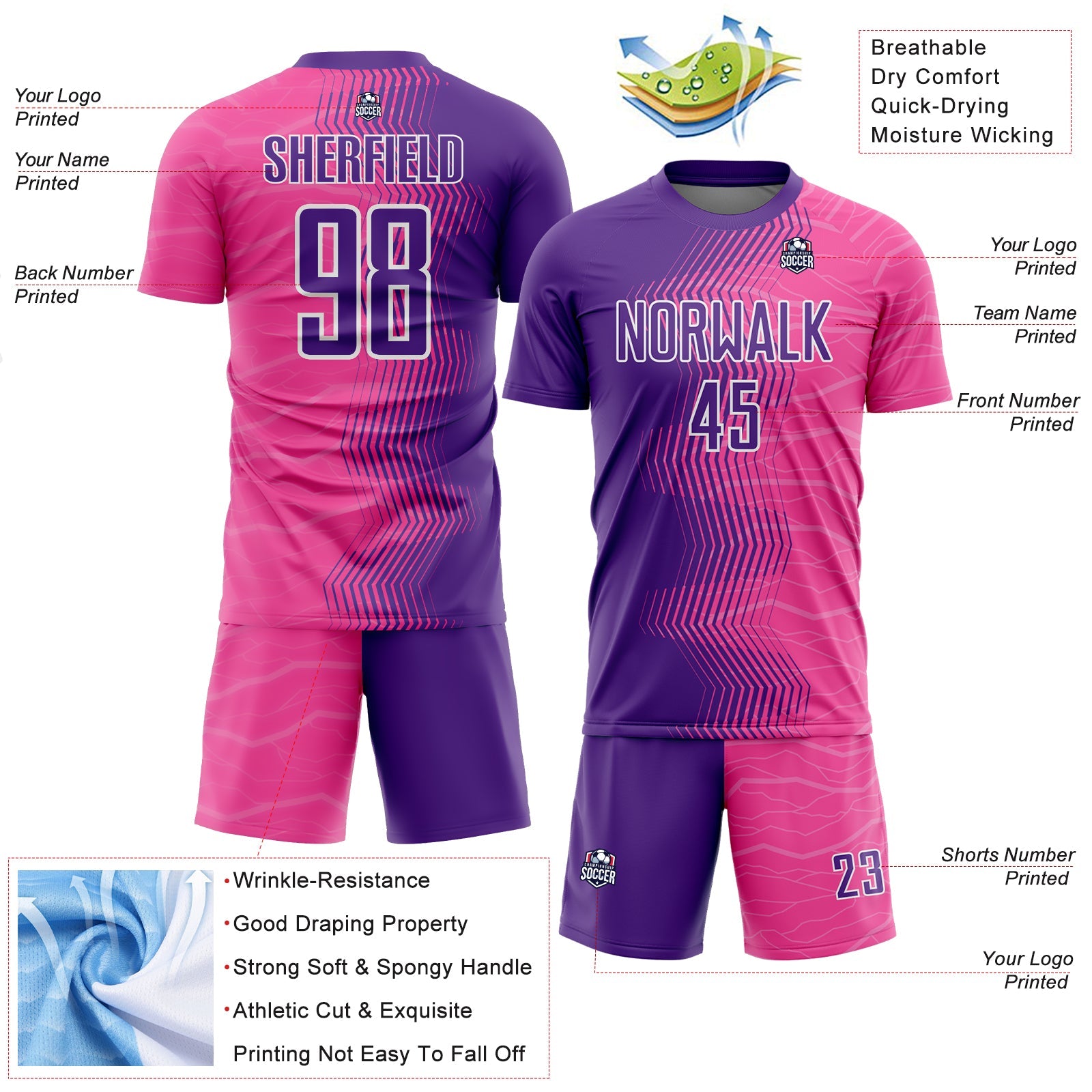 Custom Pink Purple-White Gradient Arrow Sublimation Soccer Uniform Jersey view 4