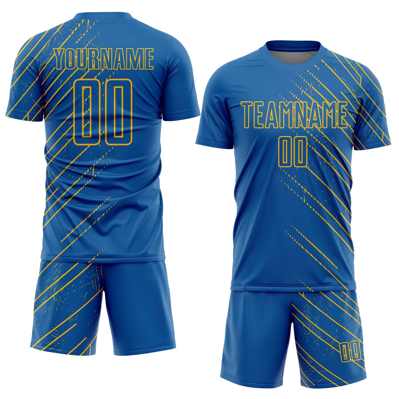 Custom Blue Gold Lines Sublimation Soccer Uniform Jersey view 2