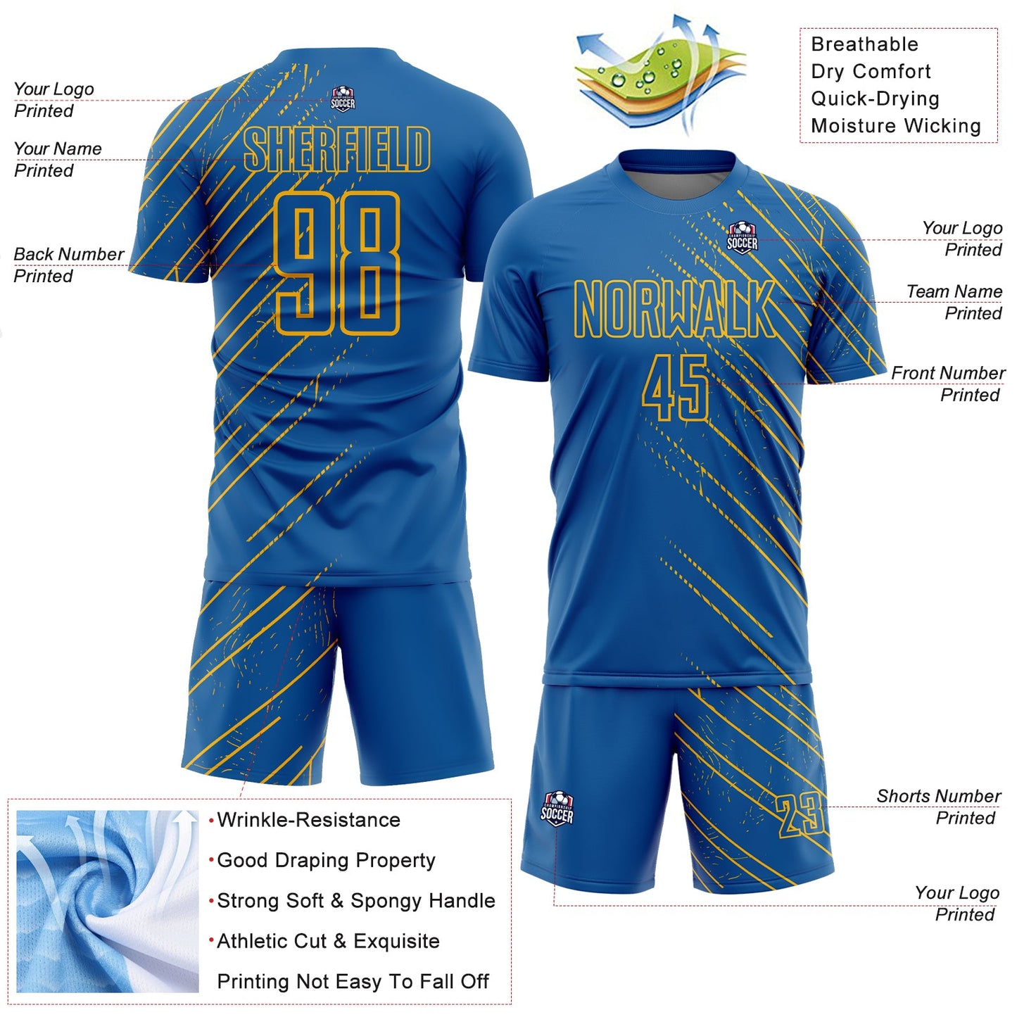 Custom Blue Gold Lines Sublimation Soccer Uniform Jersey view 4