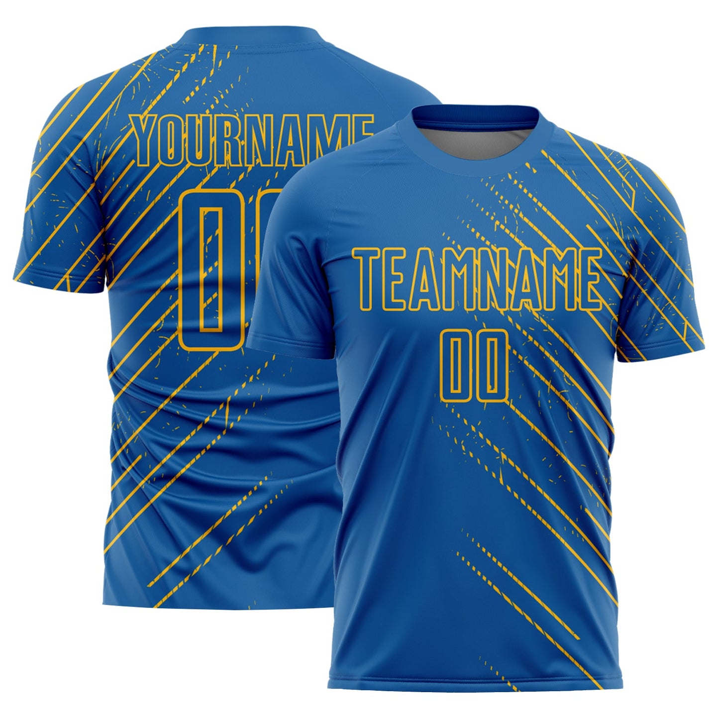 Custom Blue Gold Lines Sublimation Soccer Uniform Jersey - Main View