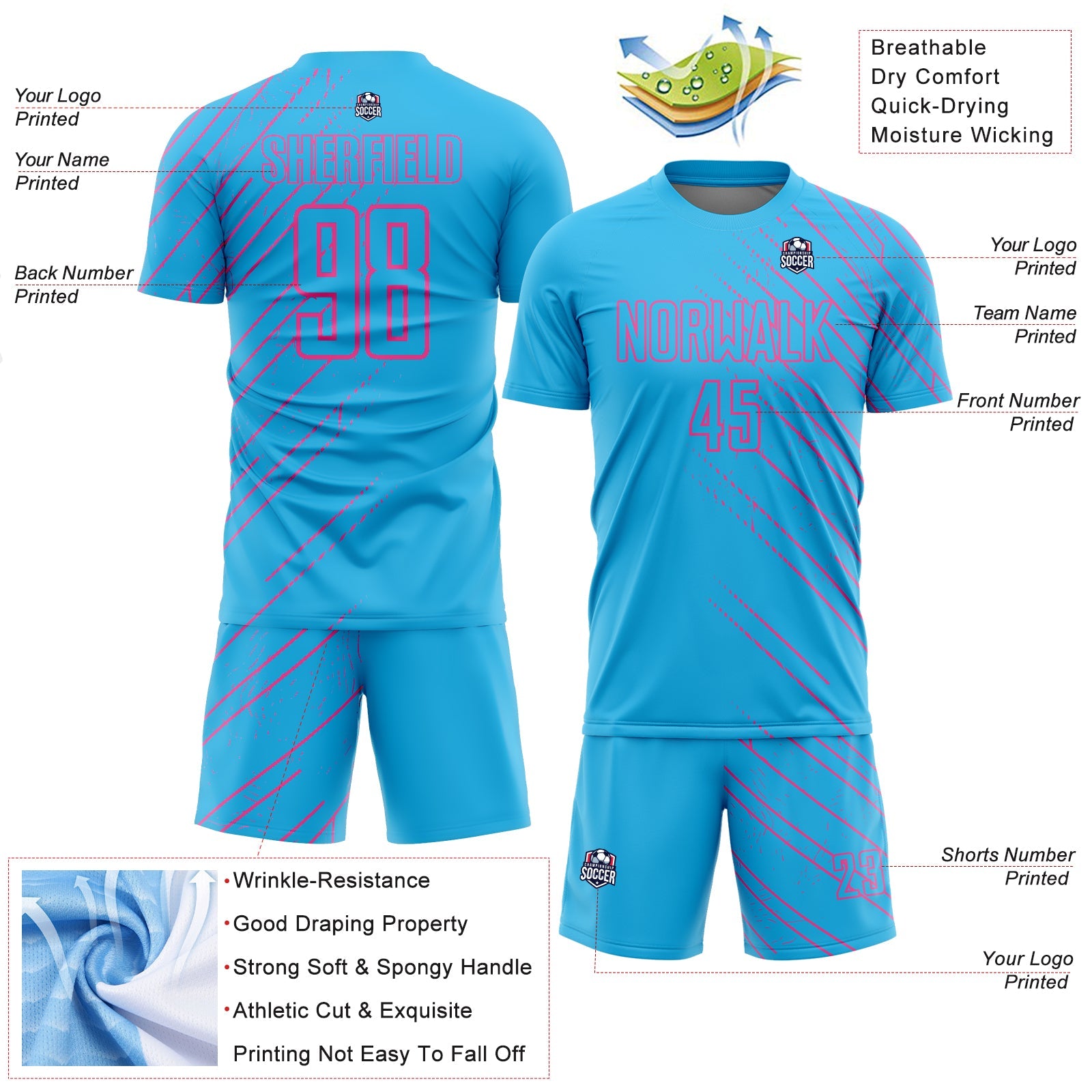 Custom Sky Blue Pink Lines Sublimation Soccer Uniform Jersey view 4
