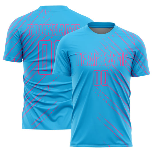 Custom Sky Blue Pink Lines Sublimation Soccer Uniform Jersey - Main View