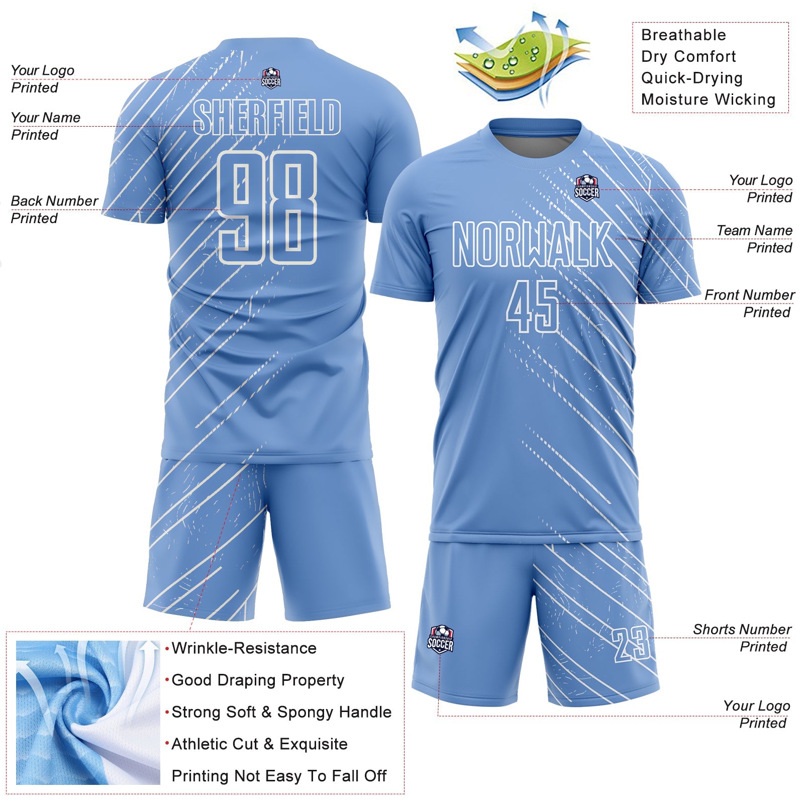 Custom Light Blue White Lines Sublimation Soccer Uniform Jersey view 4