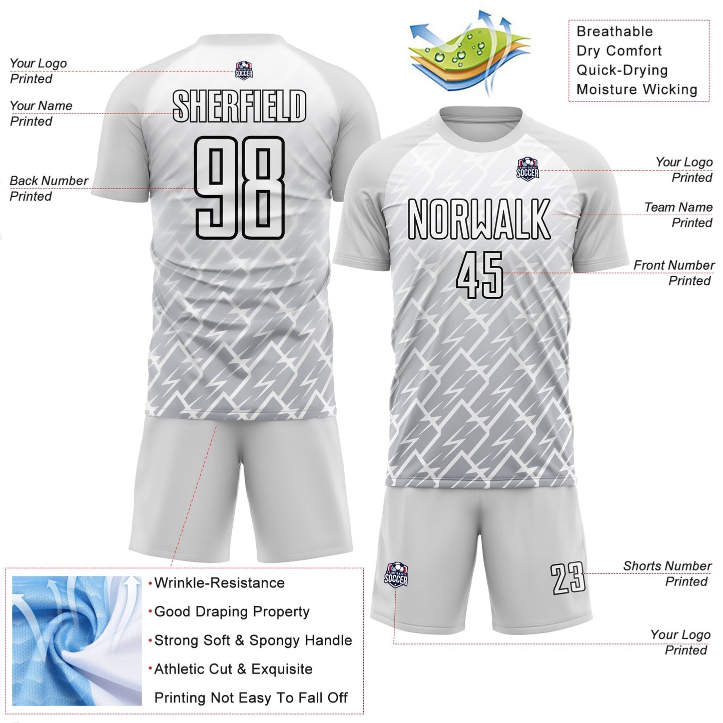 Custom White Gray-Black Lightning Sublimation Soccer Uniform Jersey view 4