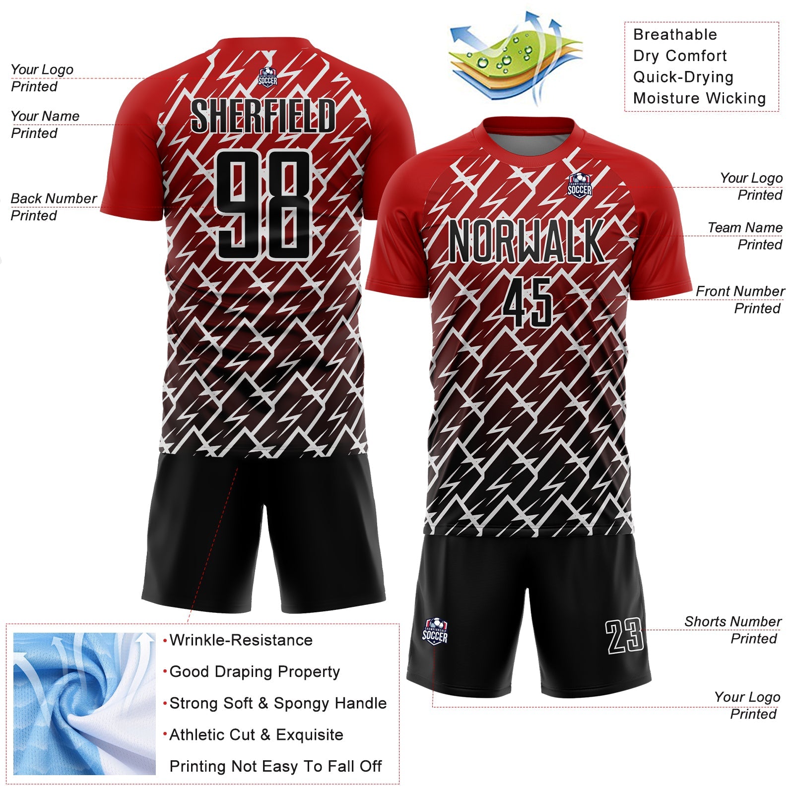 Custom Red Black-White Lightning Sublimation Soccer Uniform Jersey view 4