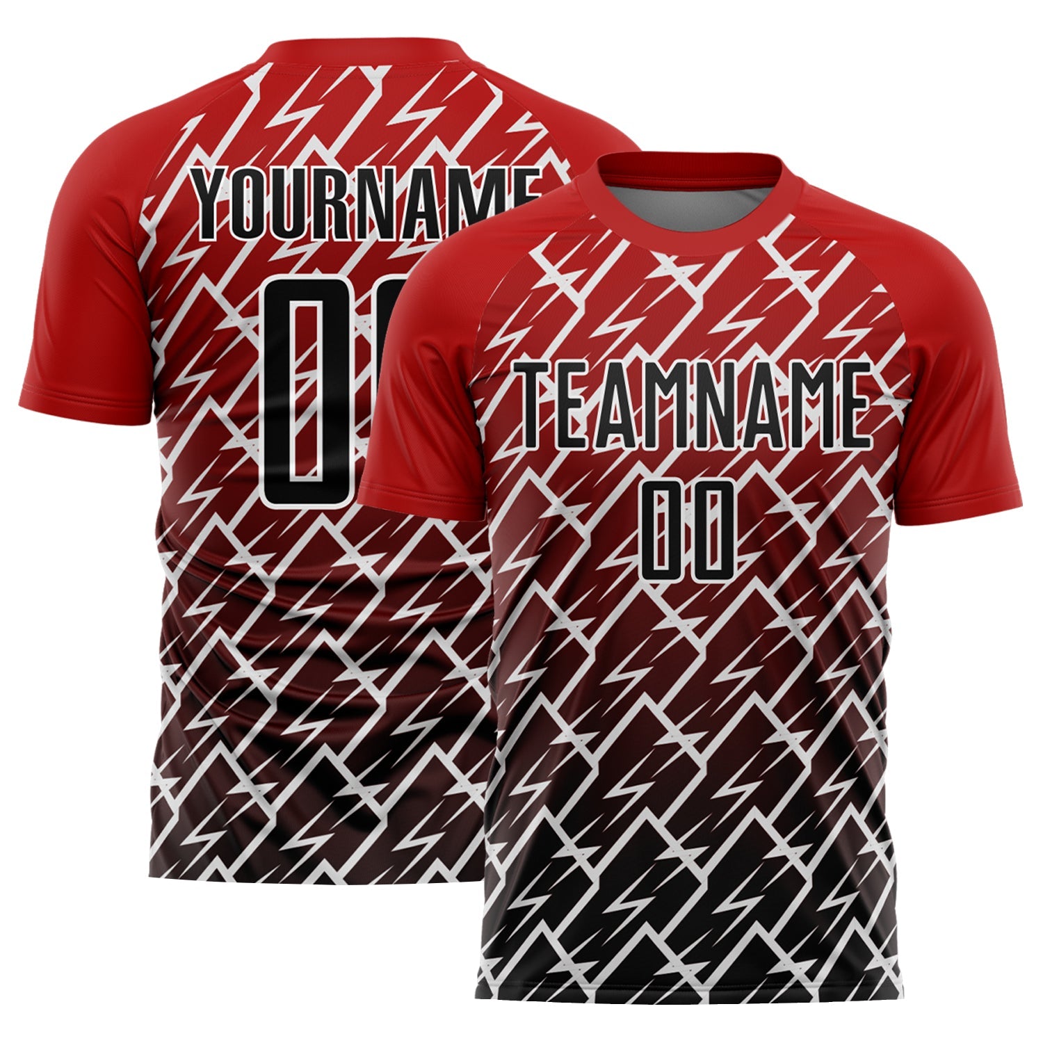 Custom Red Black-White Lightning Sublimation Soccer Uniform Jersey - Main View