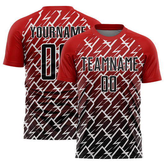 Custom Red Black-White Lightning Sublimation Soccer Uniform Jersey - Main View