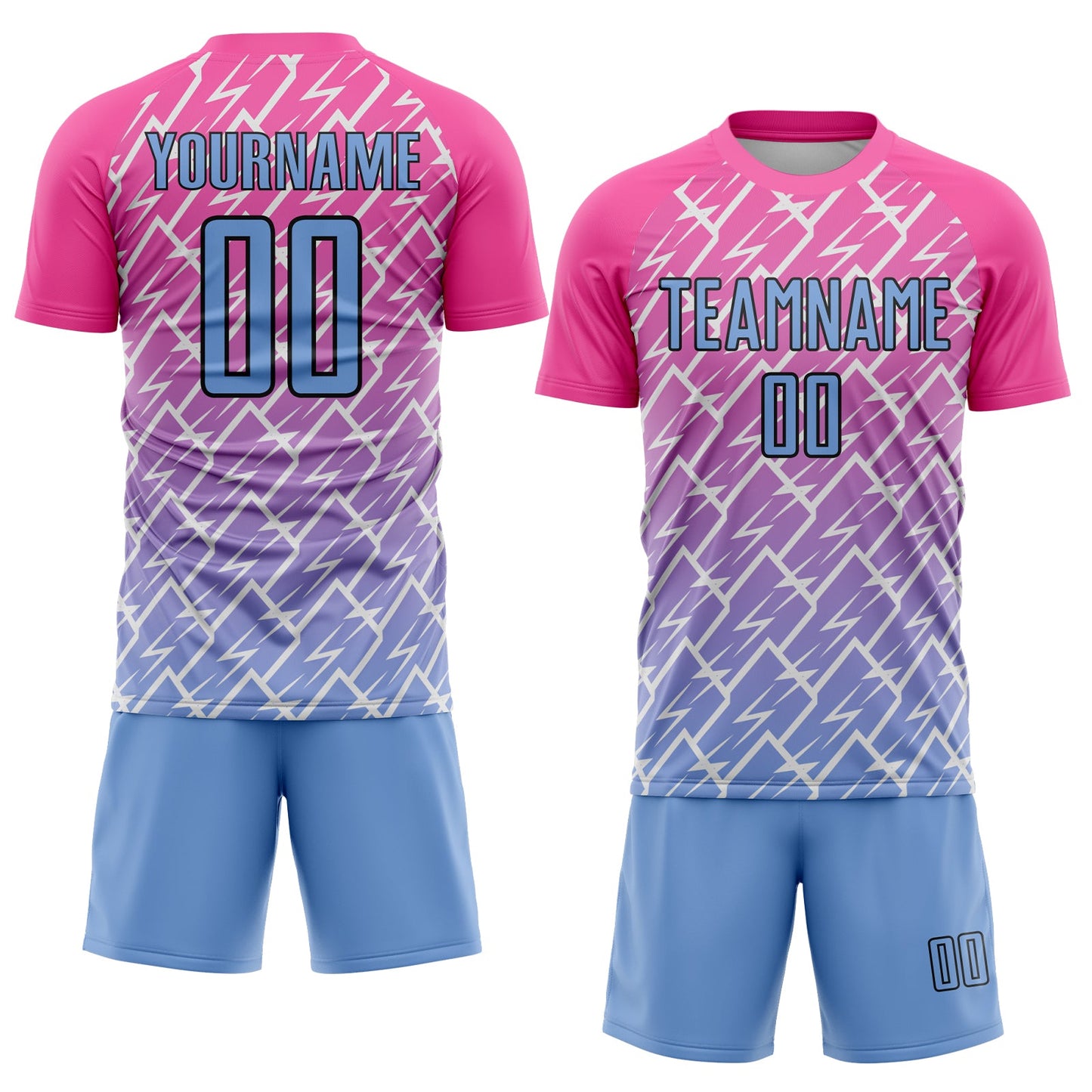 Custom Pink Light Blue-Black Lightning Sublimation Soccer Uniform Jersey view 2