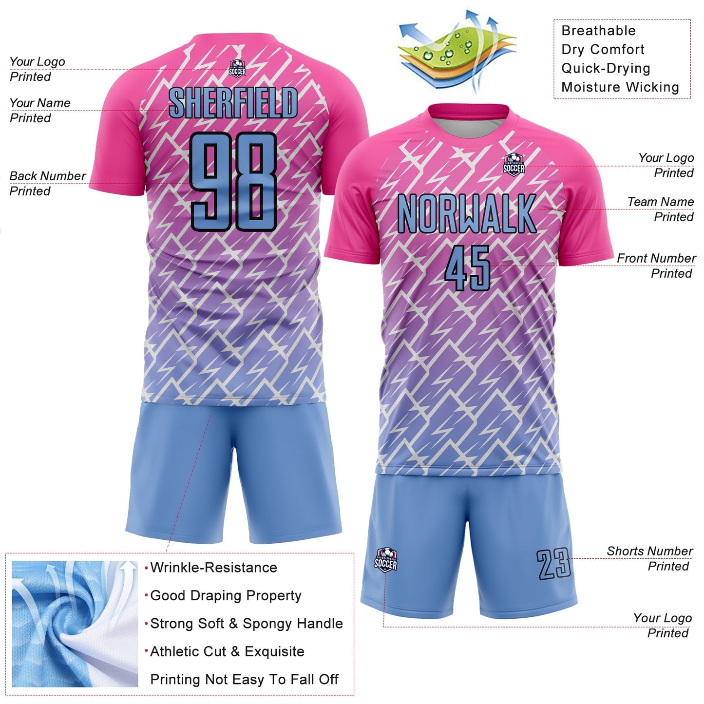 Custom Pink Light Blue-Black Lightning Sublimation Soccer Uniform Jersey view 4