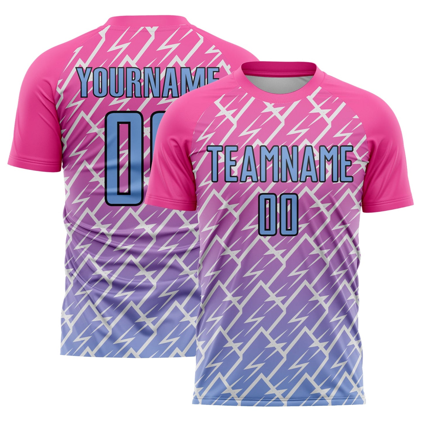 Custom Pink Light Blue-Black Lightning Sublimation Soccer Uniform Jersey - Main View