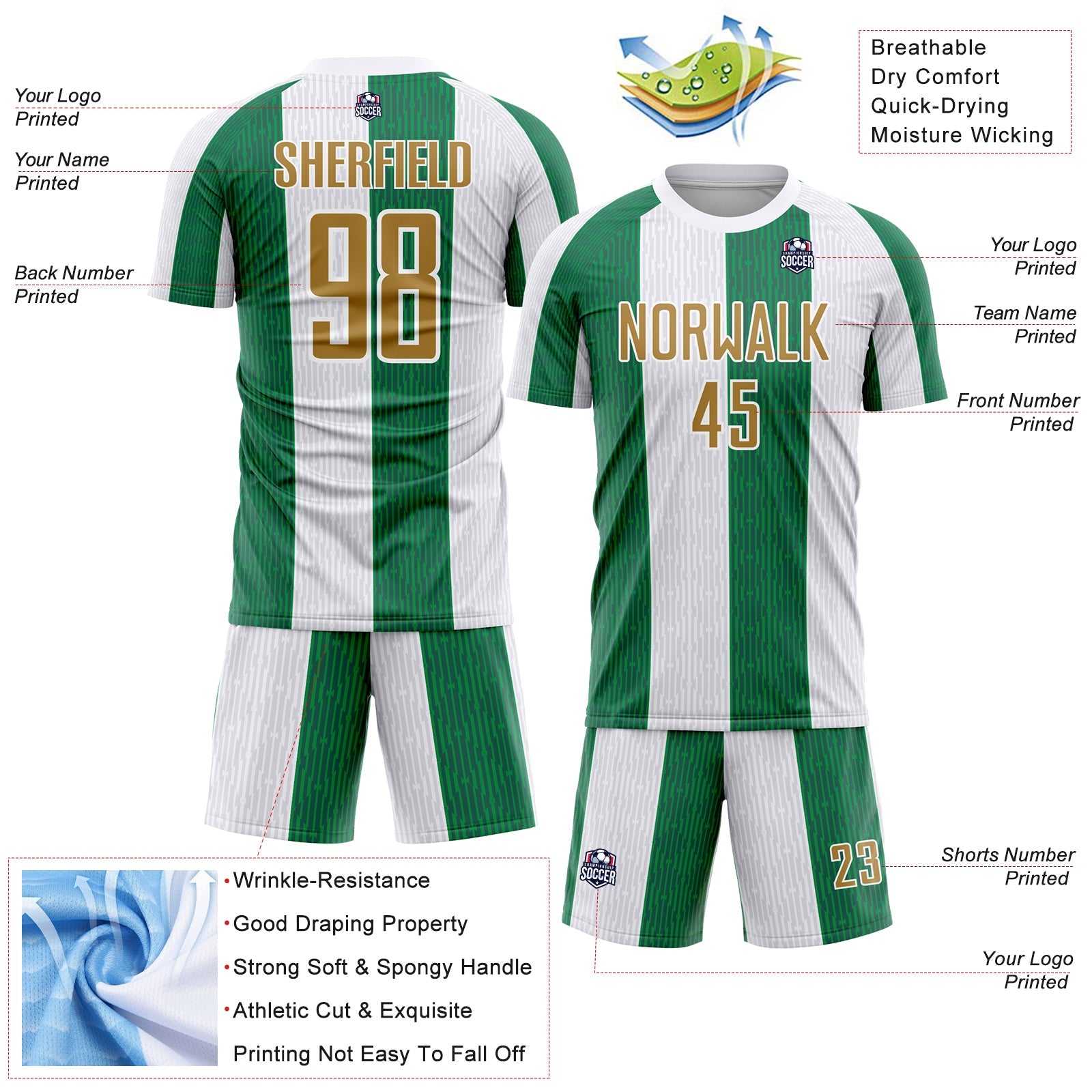 Custom White Old Gold-Kelly Green Sublimation Soccer Uniform Jersey view 4
