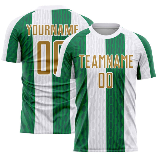 Custom White Old Gold-Kelly Green Sublimation Soccer Uniform Jersey - Main View